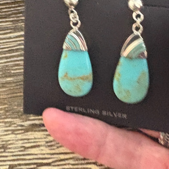 Turquoise Sterling Silver Teardrop Dangle Statement Dangle Earrings - Picture 6 of 9